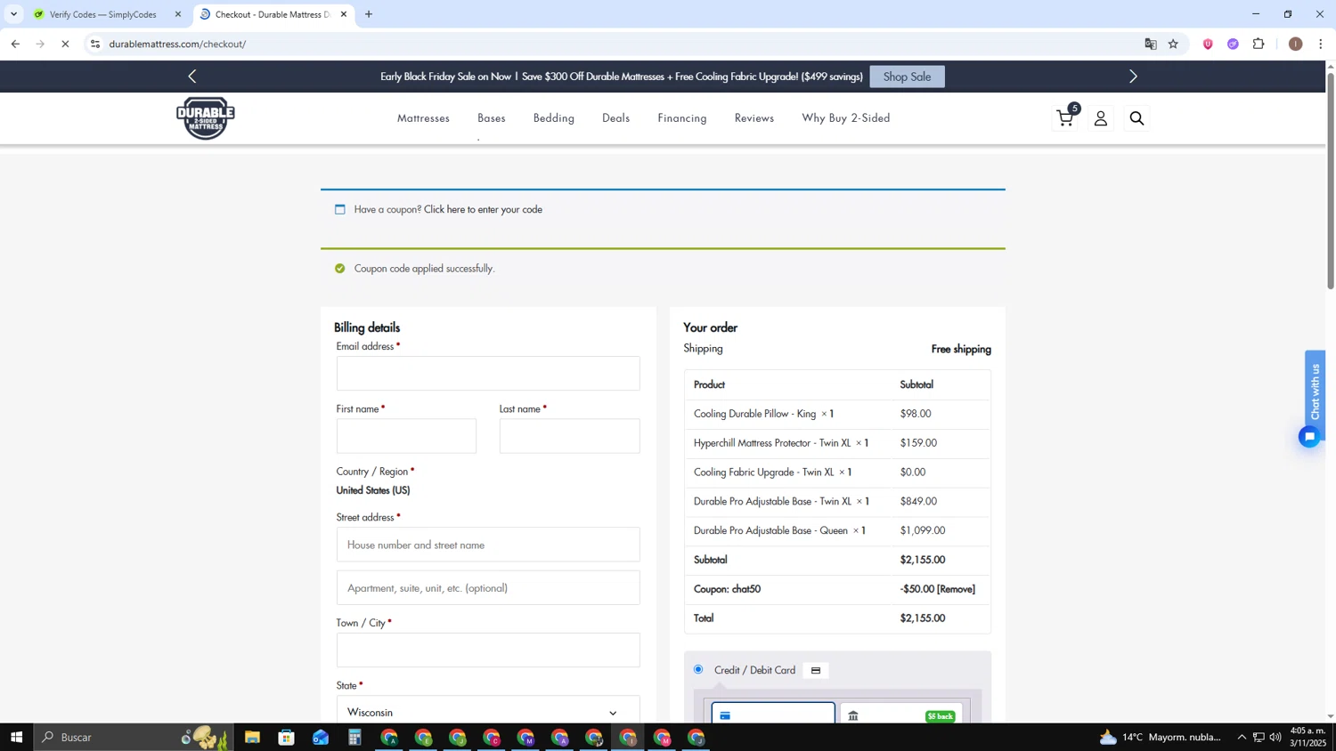 Durable Mattress promo code screenshot showing code CHAT50 applied at Durable Mattress checkout page. Uploaded by SimplyCodes community member pequenokalvin5 on Nov 3, 2025