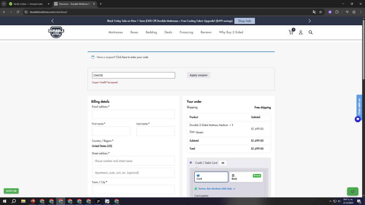 Durable Mattress promo code screenshot showing code CHAT50 applied at Durable Mattress checkout page. Uploaded by SimplyCodes community member sssssssssssssssssssssssss on Dec 2, 2025