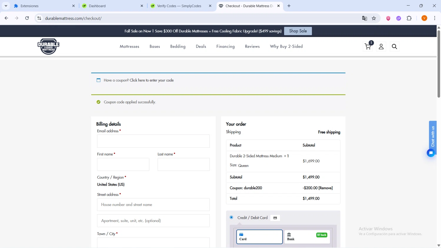 Durable Mattress promo code screenshot showing code DURABLE200 applied at Durable Mattress checkout page. Uploaded by SimplyCodes community member BrilliantLion4485 on Oct 9, 2025