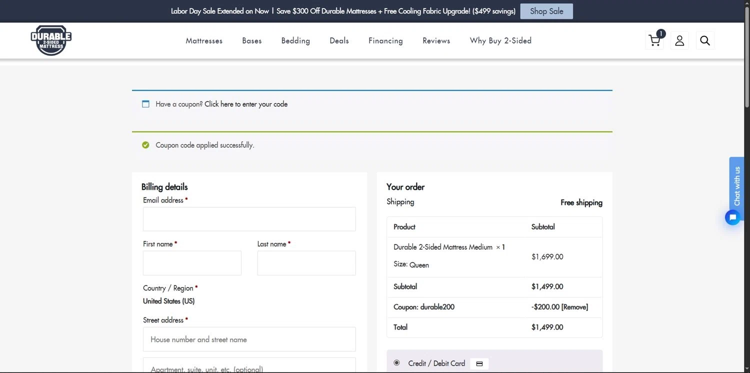 Durable Mattress promo code screenshot showing code DURABLE200 applied at Durable Mattress checkout page. Uploaded by SimplyCodes community member Depressive on Sep 11, 2025
