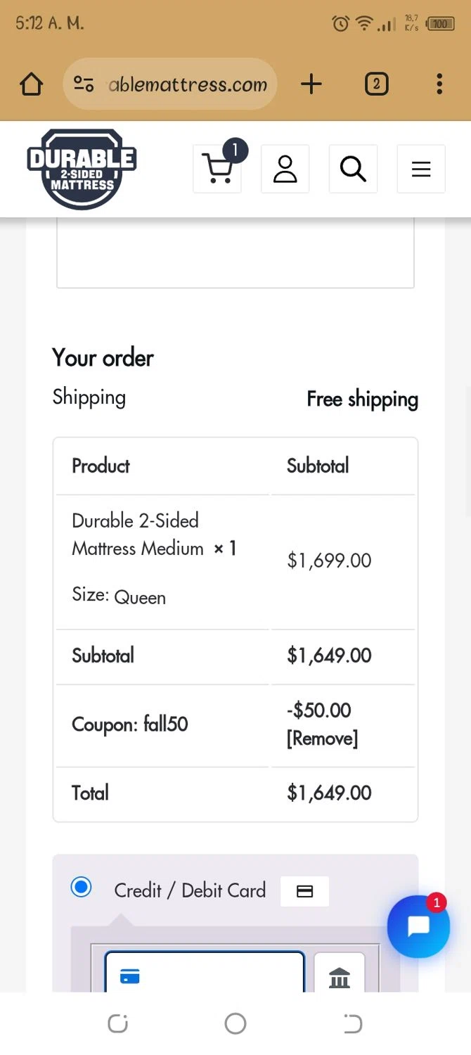 Durable Mattress promo code screenshot showing code FALL50 applied at Durable Mattress checkout page. Uploaded by SimplyCodes community member Jhoan06 on Nov 3, 2025