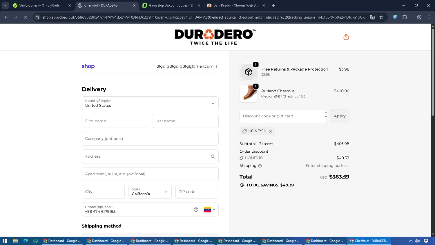 DURADERO discount code screenshot showing code honey10 applied at DURADERO checkout page. Uploaded by SimplyCodes community member Cynoxx on Oct 28, 2025