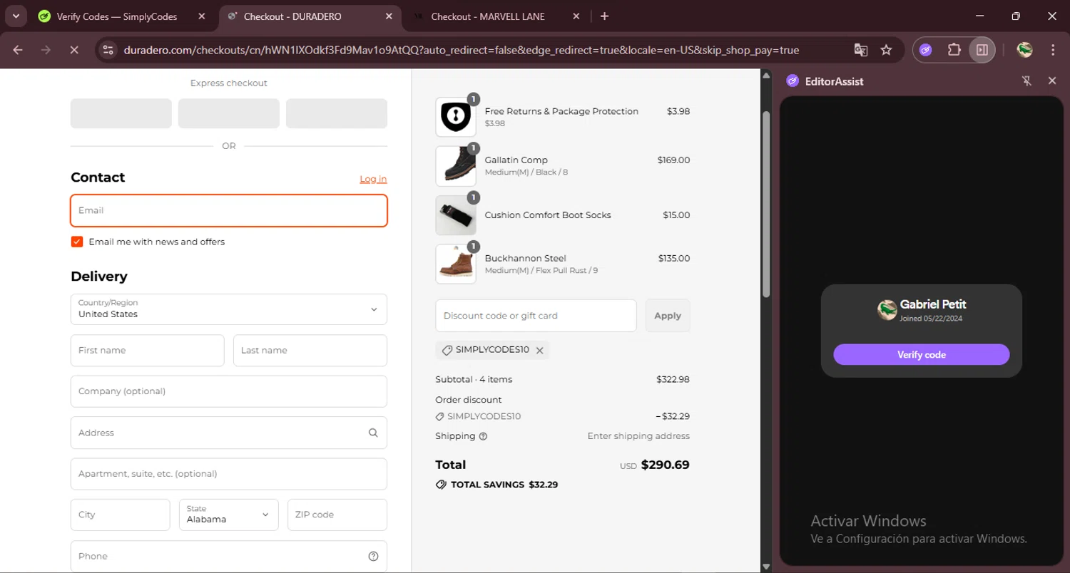 DURADERO discount code screenshot showing code SIMPLYCODES10 applied at DURADERO checkout page. Uploaded by SimplyCodes community member RewardDefender7173 on Aug 13, 2025