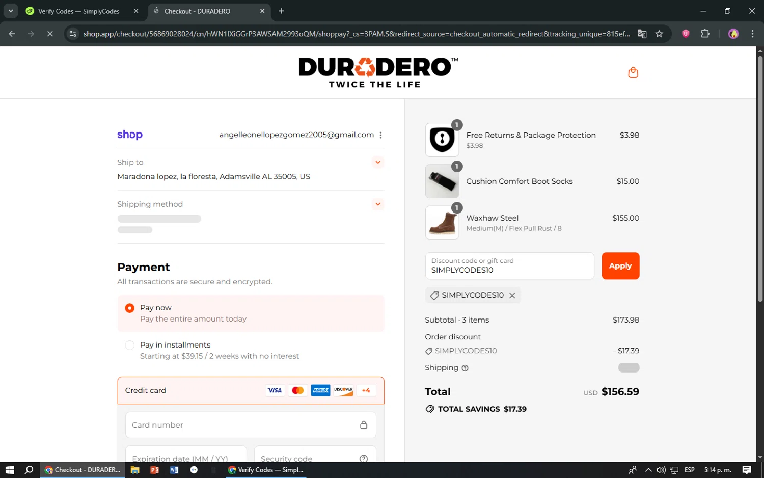DURADERO discount code screenshot showing code SIMPLYCODES10 applied at DURADERO checkout page. Uploaded by SimplyCodes community member TreasureShopper9156 on Aug 13, 2025