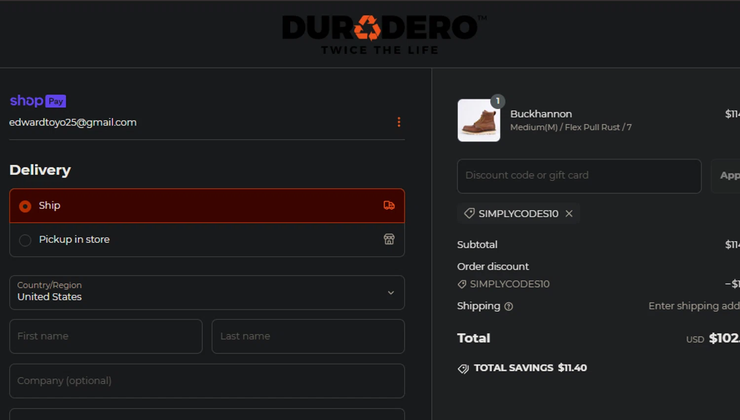 DURADERO discount code screenshot showing code SIMPLYCODES10 applied at DURADERO checkout page. Uploaded by SimplyCodes community member edwardtoyo on Mar 8, 2025