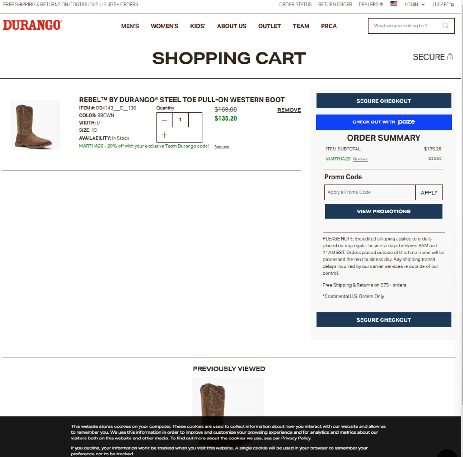 Durango promo code screenshot showing code MARTHA20 applied at Durango checkout page. Uploaded by SimplyCodes community member ElonMusk on Mar 2, 2025