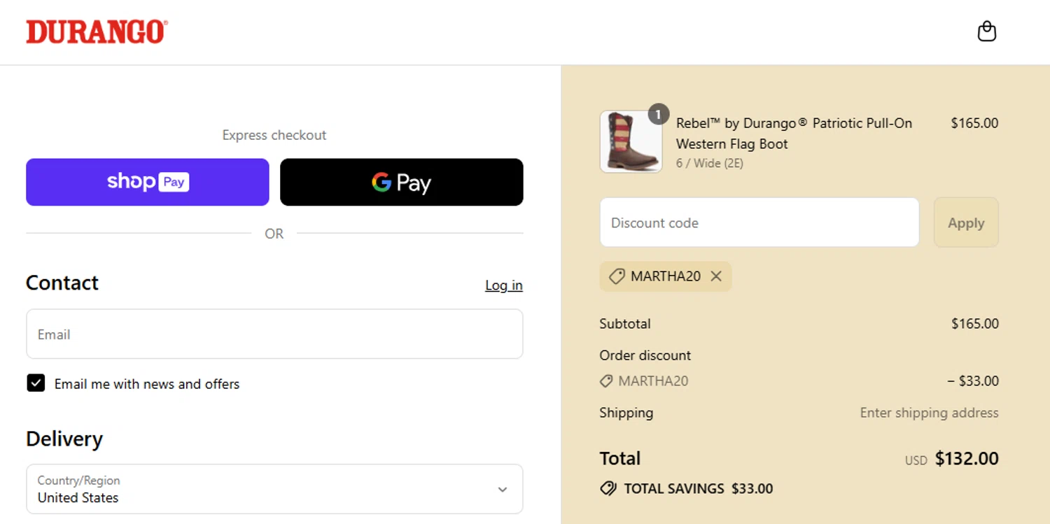 Durango promo code screenshot showing code MARTHA20 applied at Durango checkout page. Uploaded by SimplyCodes community member leiraM on Jul 28, 2025
