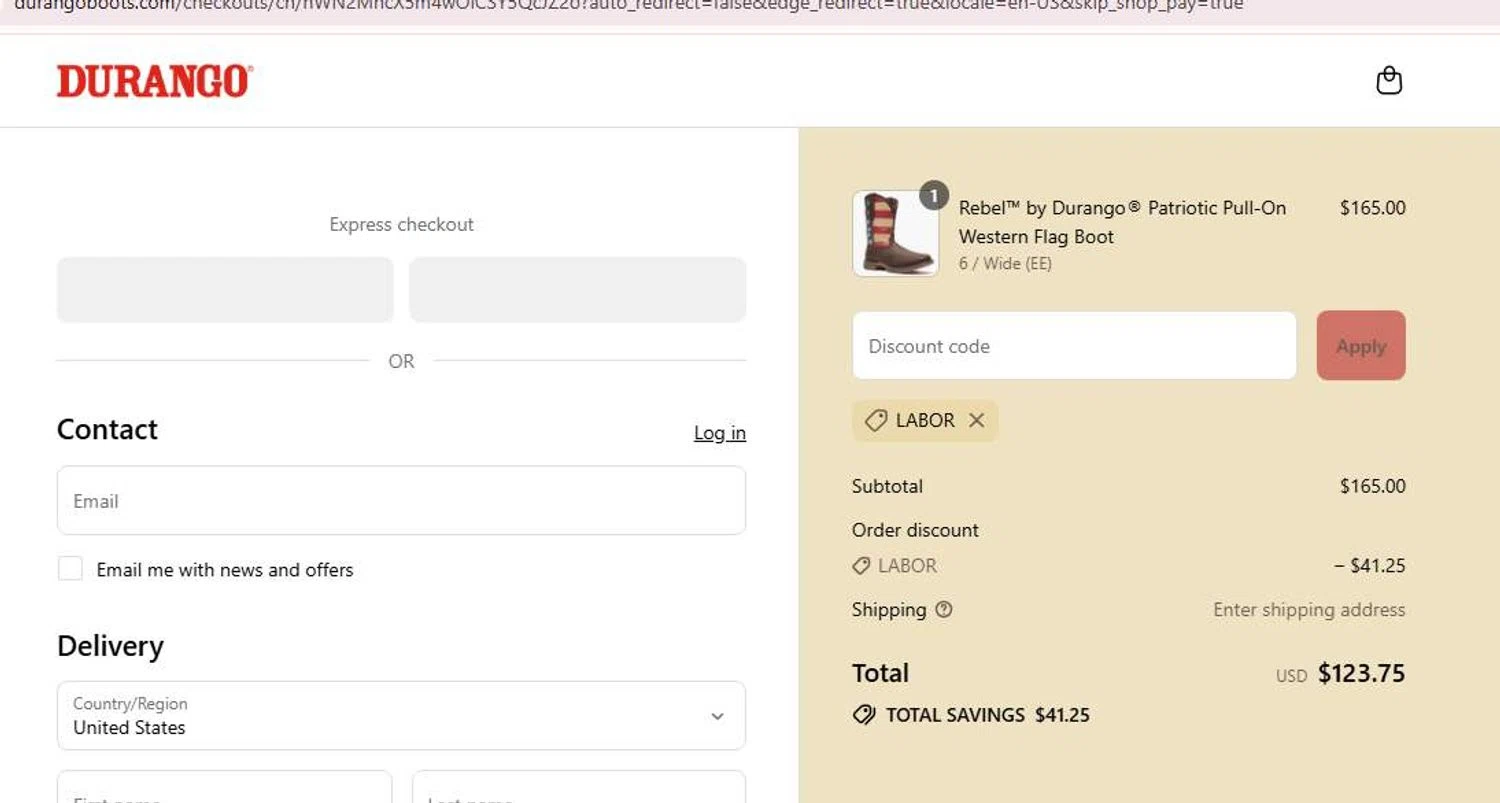 Durango promo code screenshot showing code LABOR applied at Durango checkout page. Uploaded by SimplyCodes community member 6d796e616d656973 on Aug 29, 2025