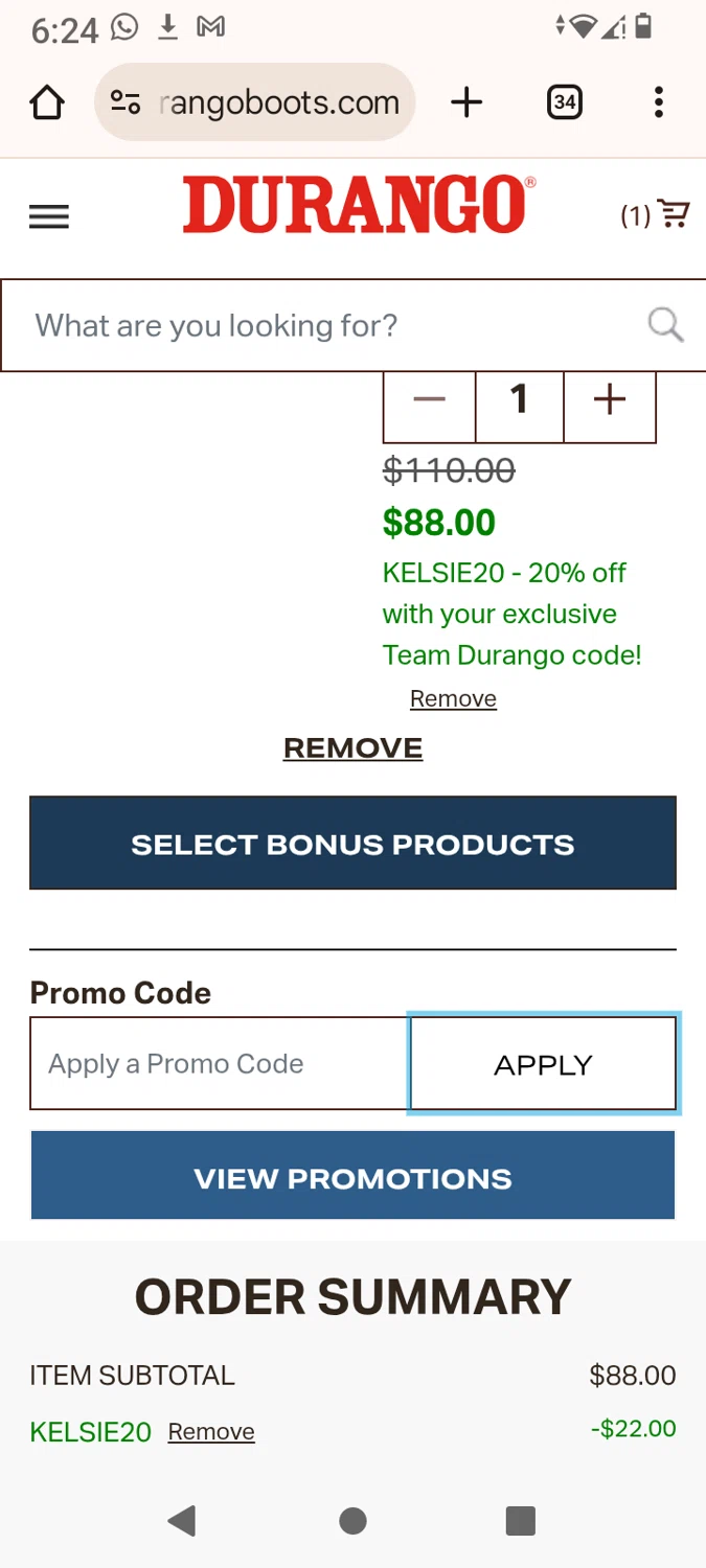 Durango promo code screenshot showing code KELSIE20 applied at Durango checkout page. Uploaded by SimplyCodes community member Elitxanthony on May 26, 2025