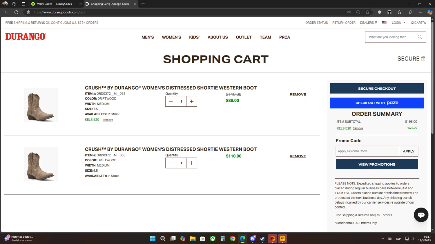 Durango promo code screenshot showing code KELSIE20 applied at Durango checkout page. Uploaded by SimplyCodes community member Flores on Mar 13, 2025
