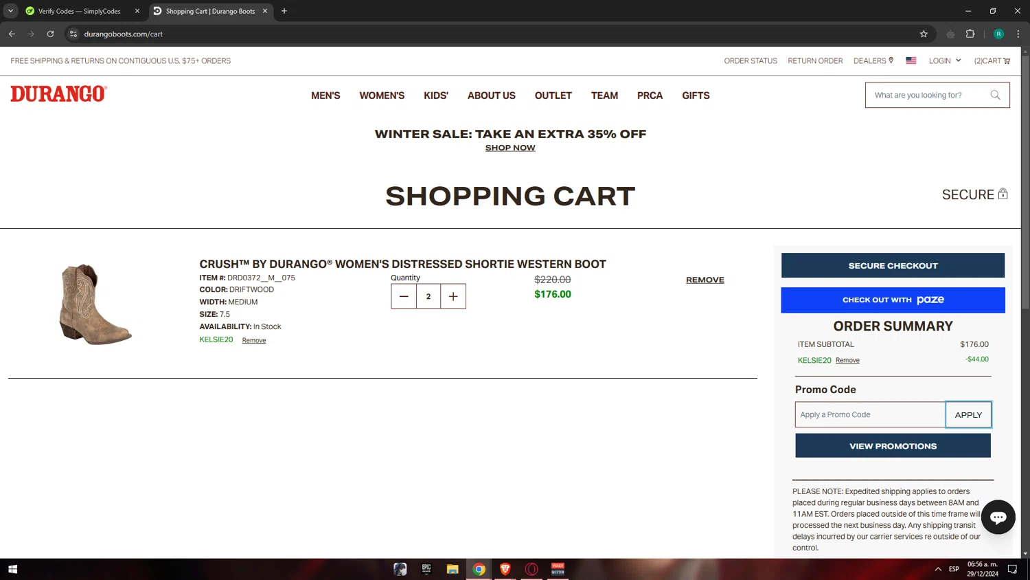 Durango promo code screenshot showing code KELSIE20 applied at Durango checkout page. Uploaded by SimplyCodes community member Gatopan on Dec 29, 2024