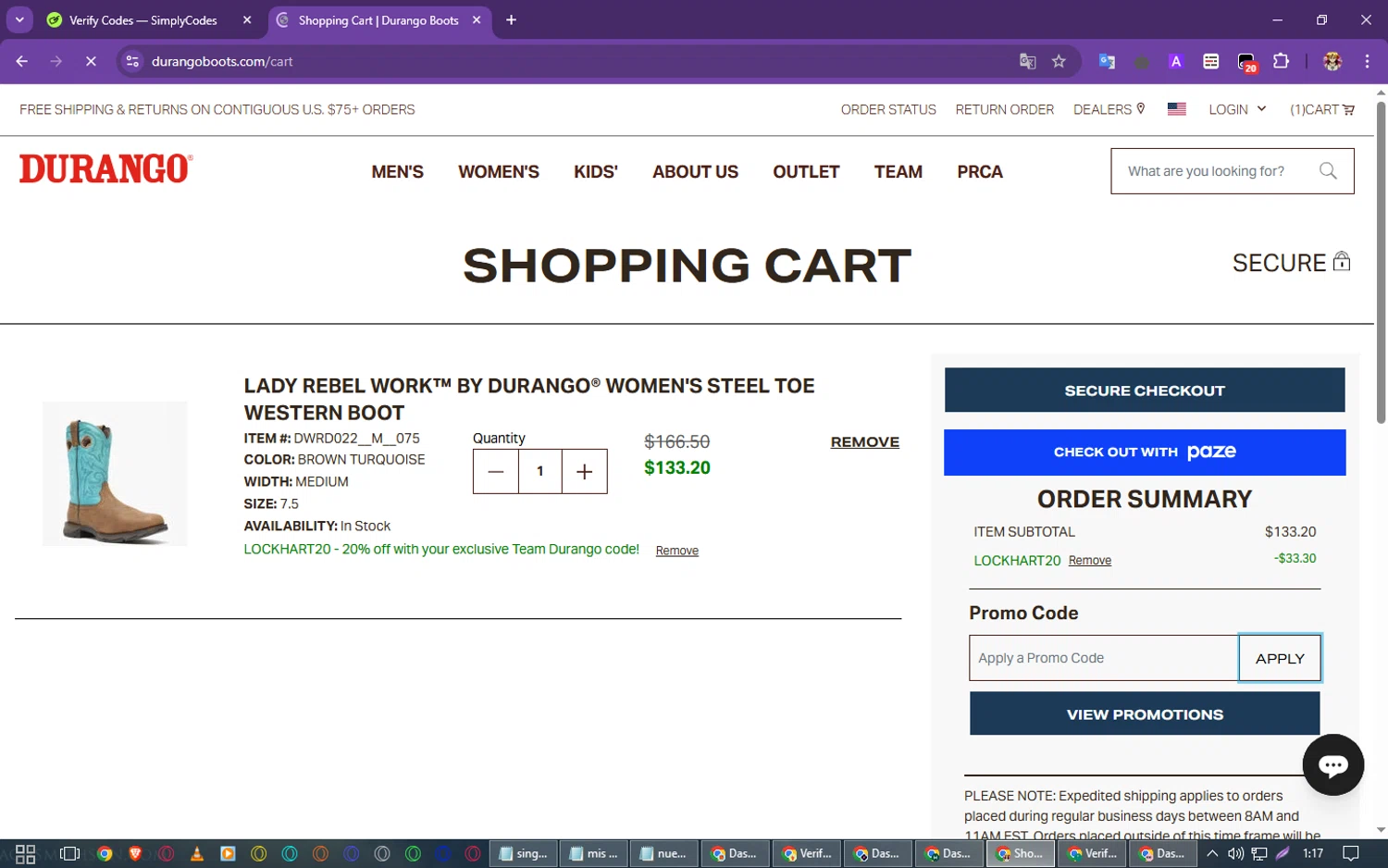 Durango promo code screenshot showing code LOCKHART20 applied at Durango checkout page. Uploaded by SimplyCodes community member PrimeSeeker905 on Mar 23, 2025