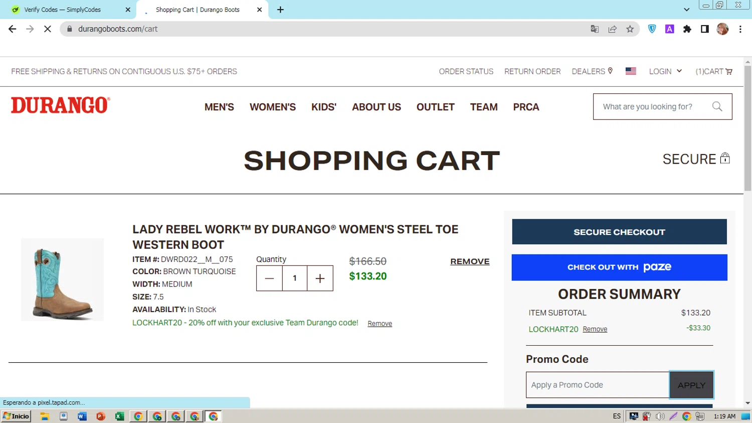 Durango promo code screenshot showing code LOCKHART20 applied at Durango checkout page. Uploaded by SimplyCodes community member hectorpetit1 on Mar 23, 2025