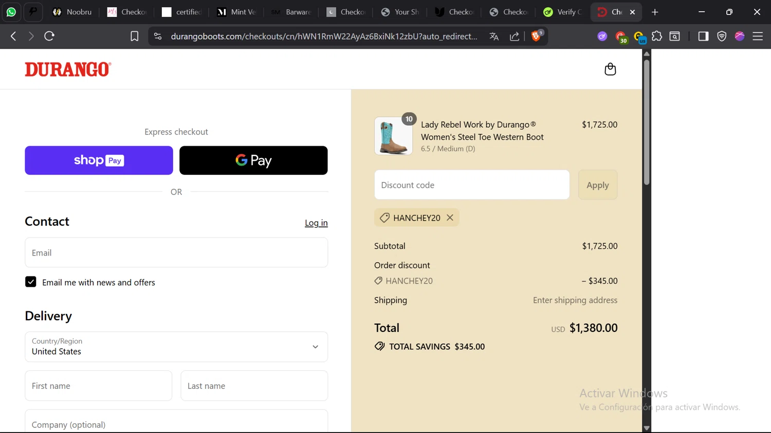 Durango promo code screenshot showing code HANCHEY20 applied at Durango checkout page. Uploaded by SimplyCodes community member BargainFox507 on Aug 5, 2025