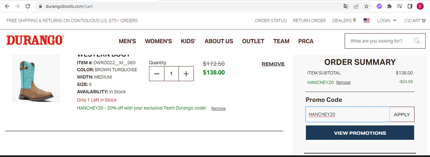 Durango promo code screenshot showing code HANCHEY20 applied at Durango checkout page. Uploaded by SimplyCodes community member darrel on Jul 25, 2025