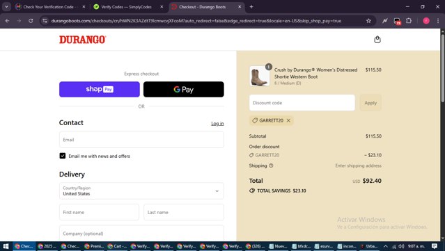 Durango checkout page showing Durango promo code box | Screenshot taken by SimplyCodes community member on Aug 28, 2025