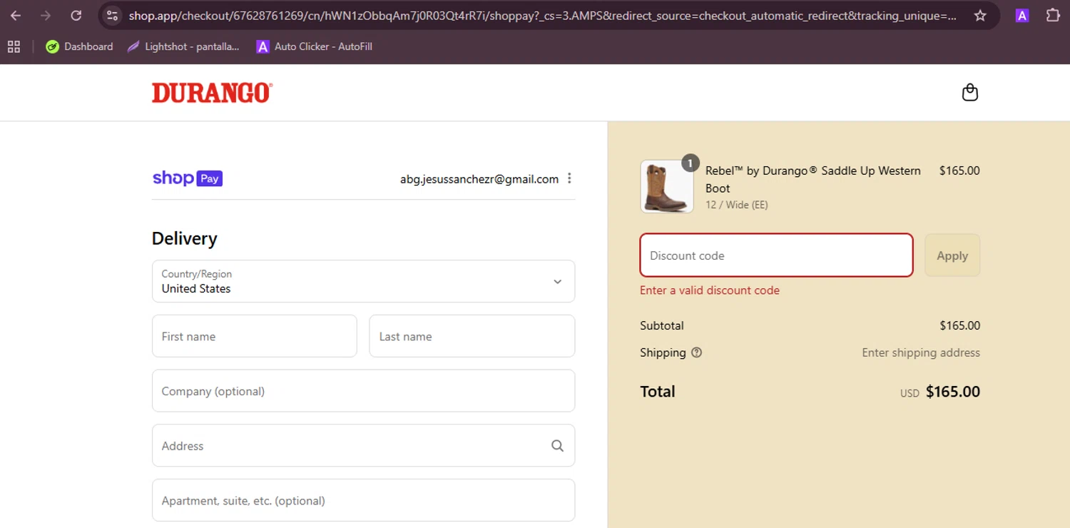 Durango promo code screenshot showing code School applied at Durango checkout page. Uploaded by SimplyCodes community member RebateFalcon3172 on Aug 19, 2025
