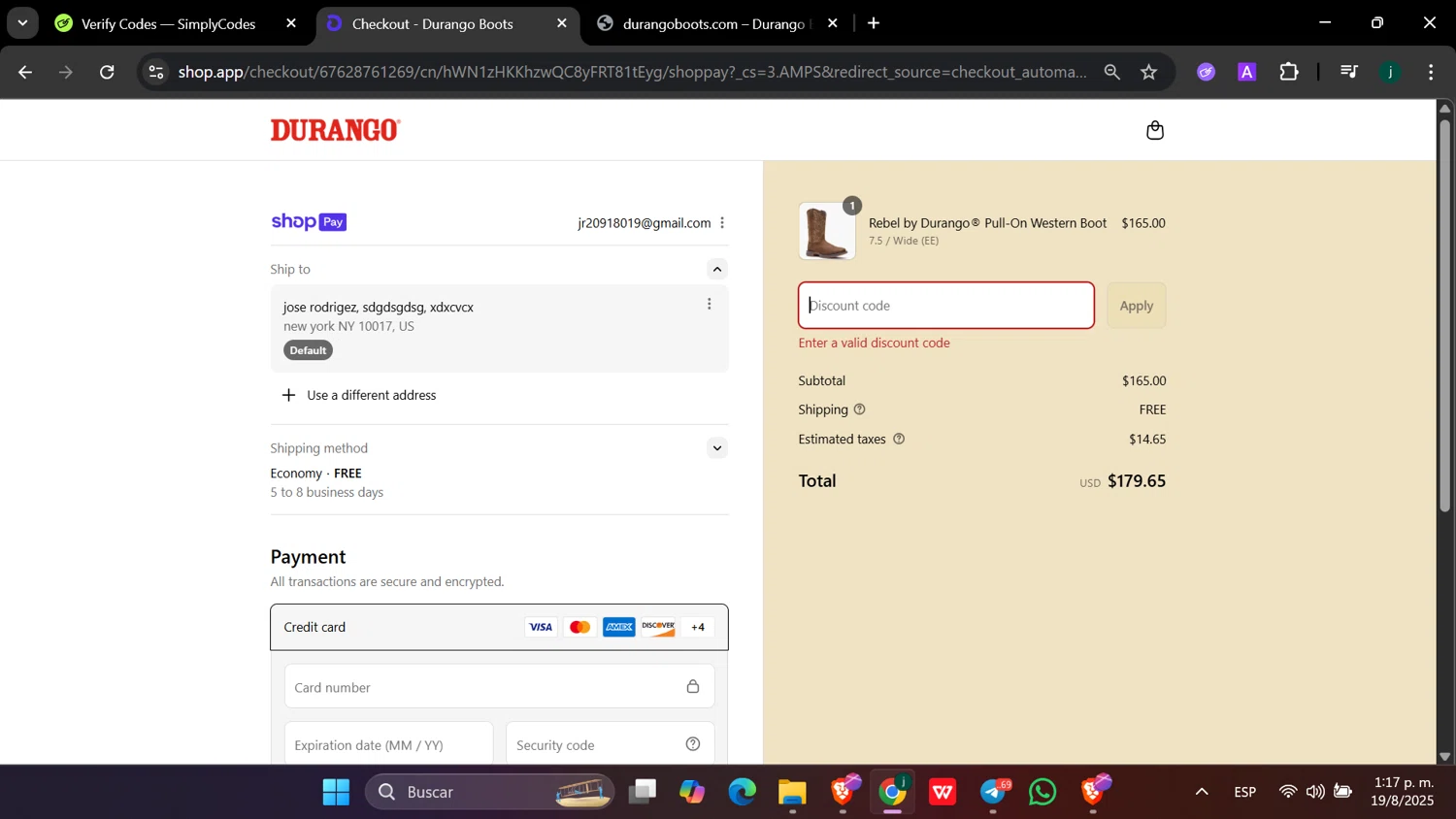 Durango promo code screenshot showing code School applied at Durango checkout page. Uploaded by SimplyCodes community member hanzell03 on Aug 19, 2025