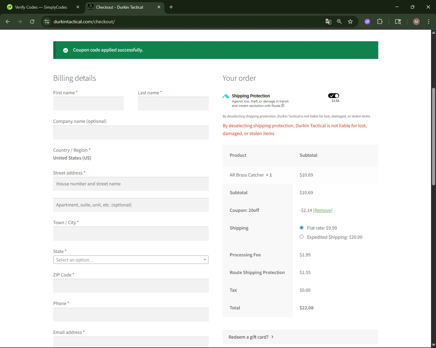 Durkin Tactical coupon code screenshot showing code 20OFF applied at Durkin Tactical checkout page. Uploaded by SimplyCodes community member CoinLegend4598 on Nov 2, 2025