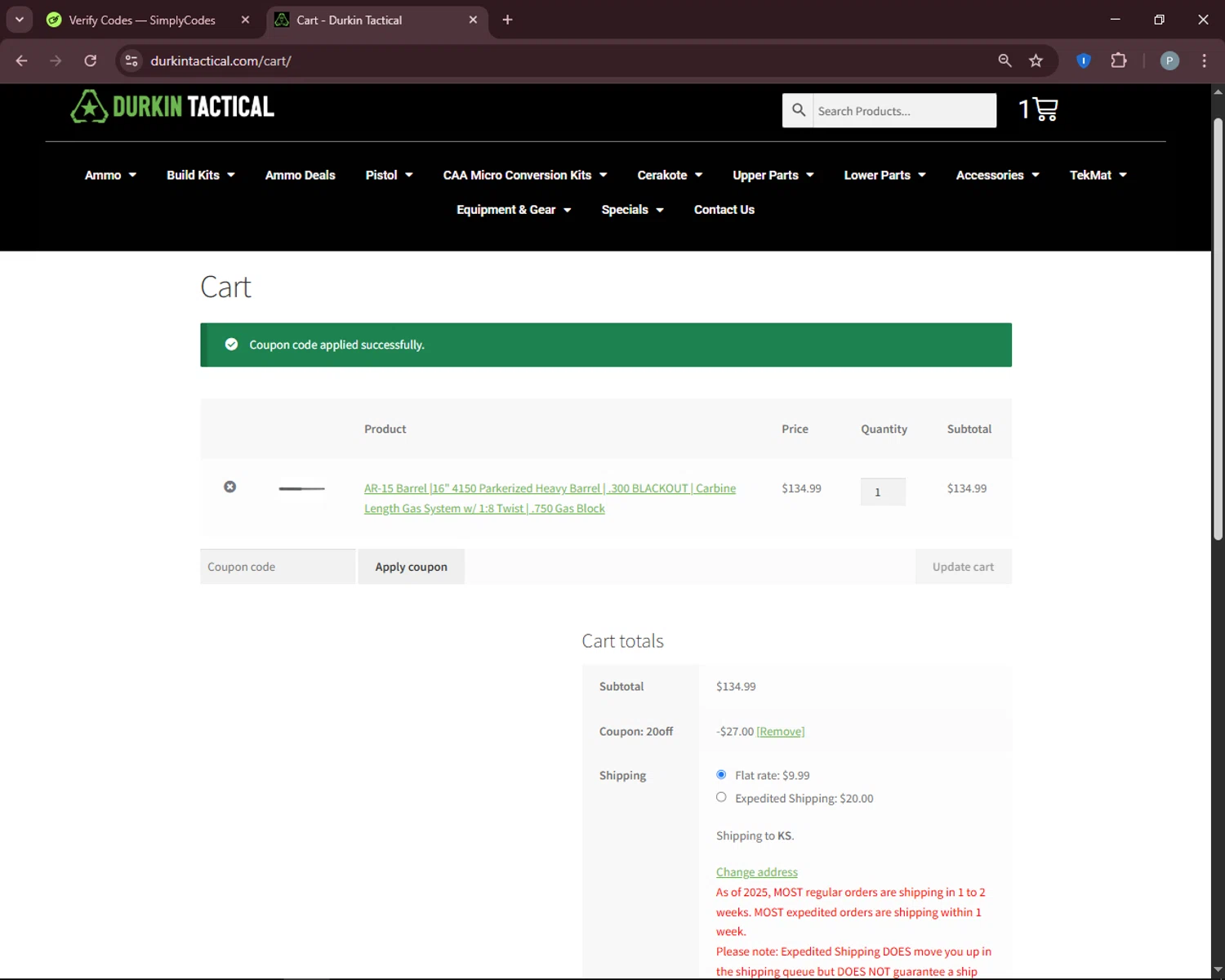 Durkin Tactical coupon code screenshot showing code 20OFF applied at Durkin Tactical checkout page. Uploaded by SimplyCodes community member DiscountEagle6247 on Jun 17, 2025