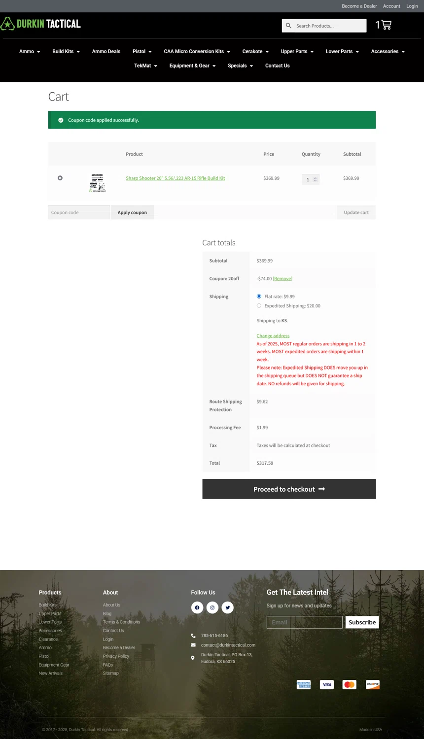 Durkin Tactical coupon code screenshot showing code 20OFF applied at Durkin Tactical checkout page. Uploaded by SimplyCodes community member WladimirV on May 27, 2025