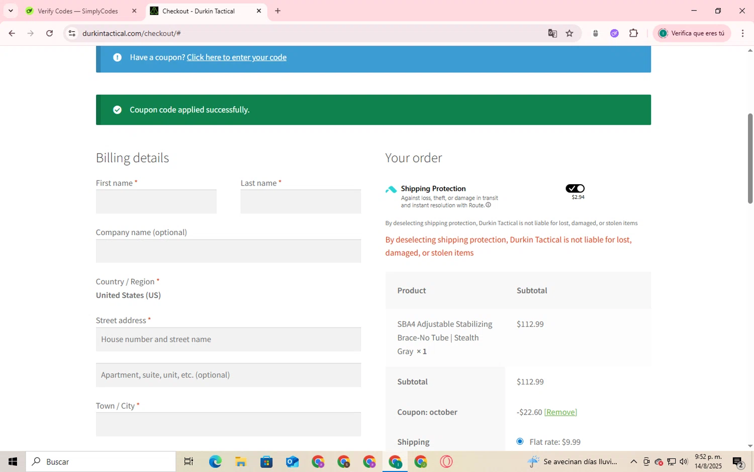 Durkin Tactical coupon code screenshot showing code OCTOBER applied at Durkin Tactical checkout page. Uploaded by SimplyCodes community member SmartShopper4328 on Aug 14, 2025