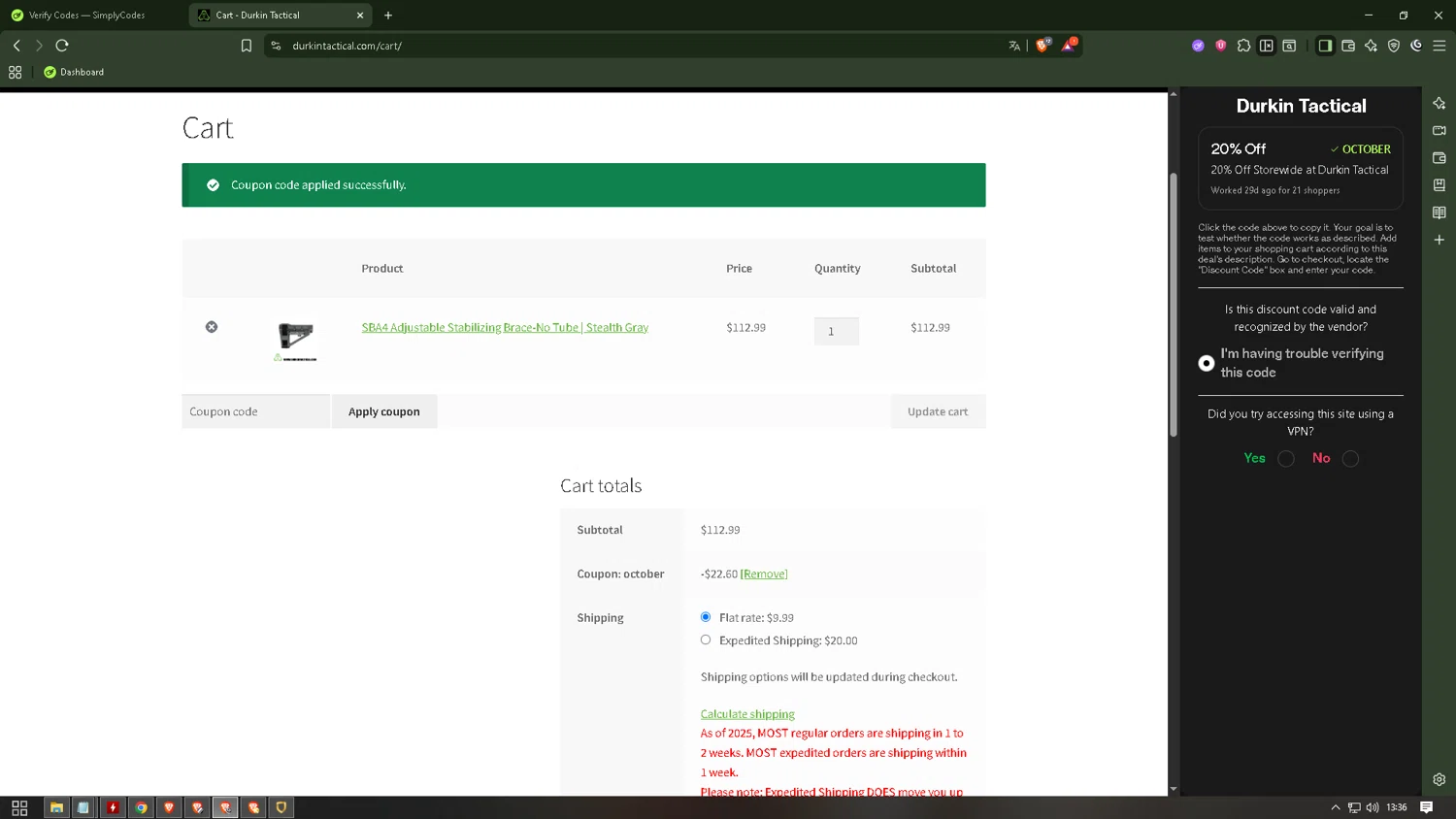Durkin Tactical coupon code screenshot showing code OCTOBER applied at Durkin Tactical checkout page. Uploaded by SimplyCodes community member SmartWhiz6845 on Oct 11, 2025