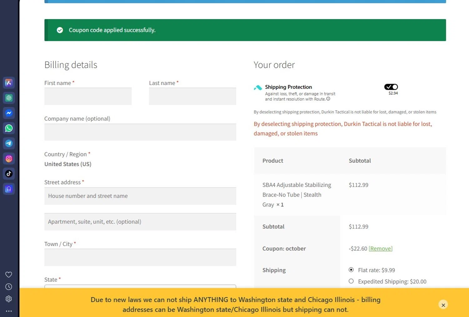 Durkin Tactical coupon code screenshot showing code OCTOBER applied at Durkin Tactical checkout page. Uploaded by SimplyCodes community member andrescarreraborges on Sep 12, 2025