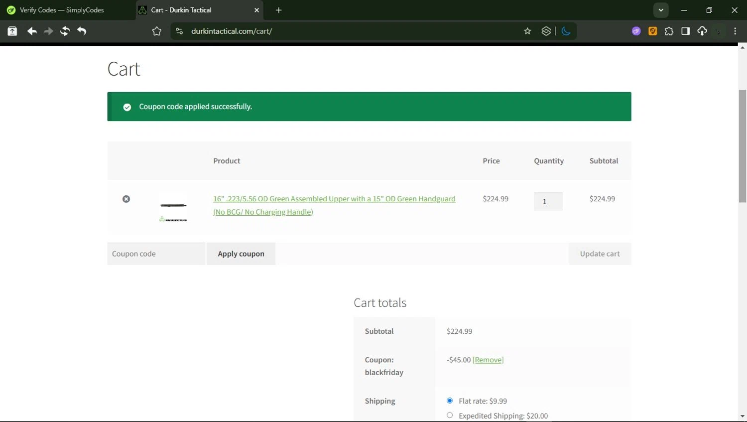 Durkin Tactical coupon code screenshot showing code BLACKFRIDAY applied at Durkin Tactical checkout page. Uploaded by SimplyCodes community member RewardMonarch1185 on Sep 12, 2025