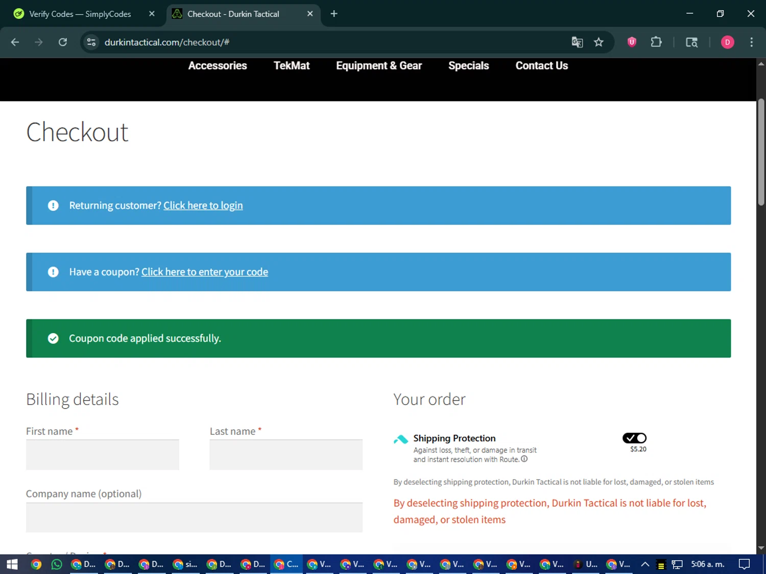 Durkin Tactical coupon code screenshot showing code SURVIVAL applied at Durkin Tactical checkout page. Uploaded by SimplyCodes community member MoneySeeker7165 on Nov 2, 2025