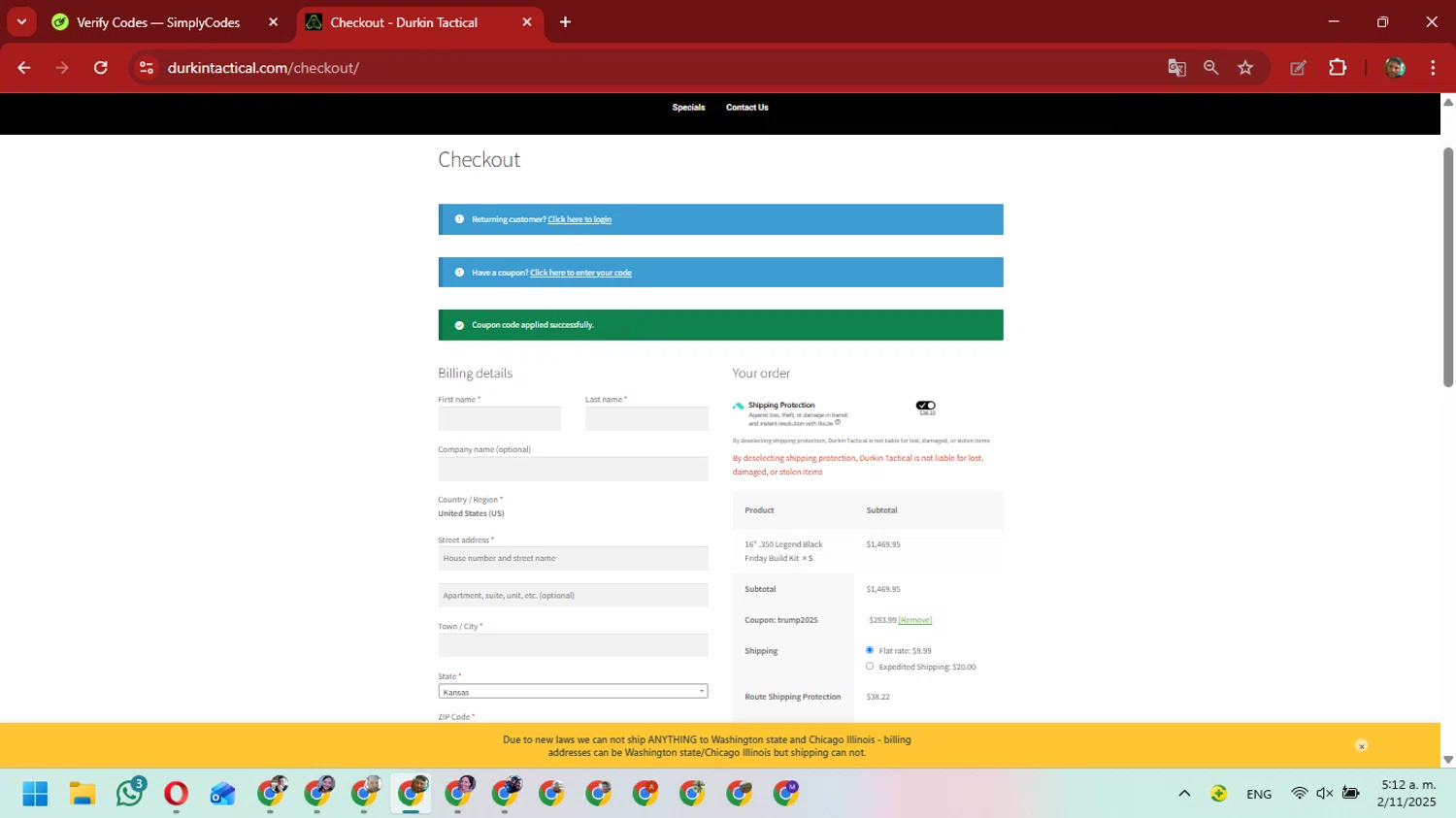 Durkin Tactical coupon code screenshot showing code TRUMP2025 applied at Durkin Tactical checkout page. Uploaded by SimplyCodes community member David_Gut_Sonic on Nov 2, 2025