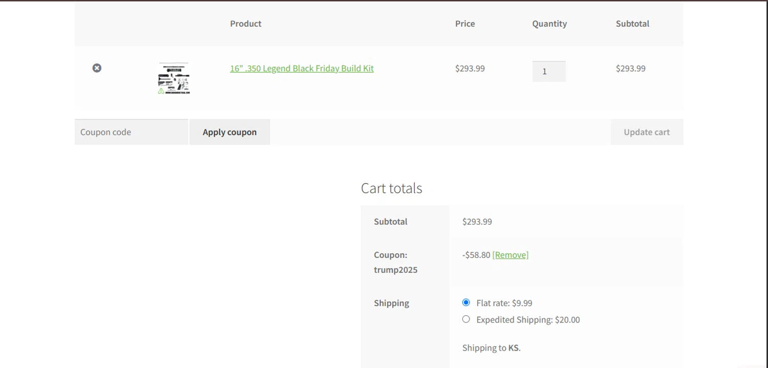Durkin Tactical coupon code screenshot showing code TRUMP2025 applied at Durkin Tactical checkout page. Uploaded by SimplyCodes community member juanisaac on Oct 12, 2025