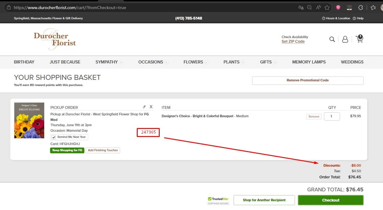 Durocher Florist promo code screenshot showing code 247365 applied at Durocher Florist checkout page. Uploaded by SimplyCodes community member HonestVzla on May 19, 2026