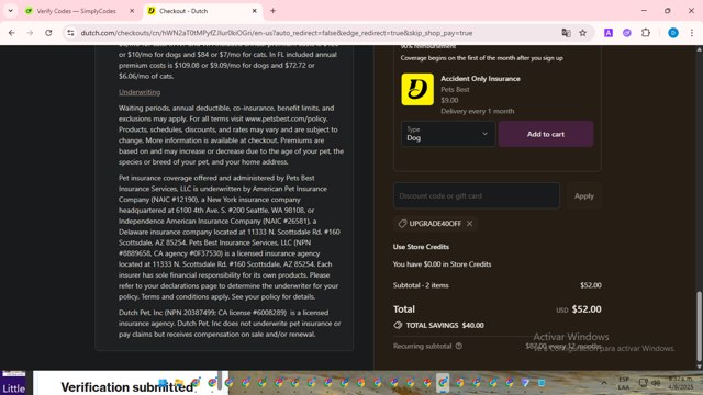 Dutch Pet checkout page showing Dutch Pet promo code box | Screenshot taken by SimplyCodes community member on Sep 4, 2025