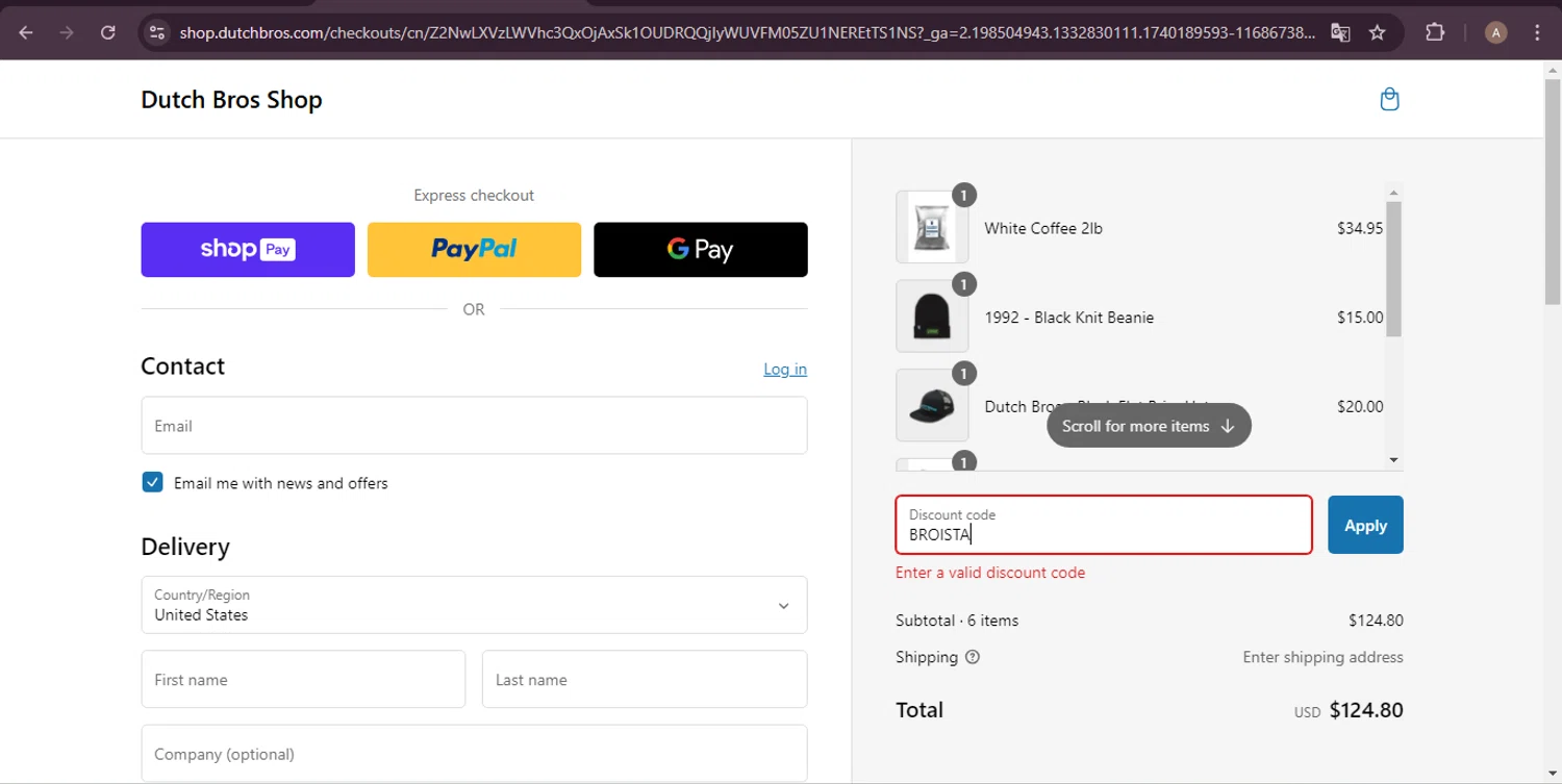 Dutch Bros Coffee promo code screenshot showing code BROISTA applied at Dutch Bros Coffee checkout page. Uploaded by SimplyCodes community member GoldRanger7896 on Feb 22, 2025
