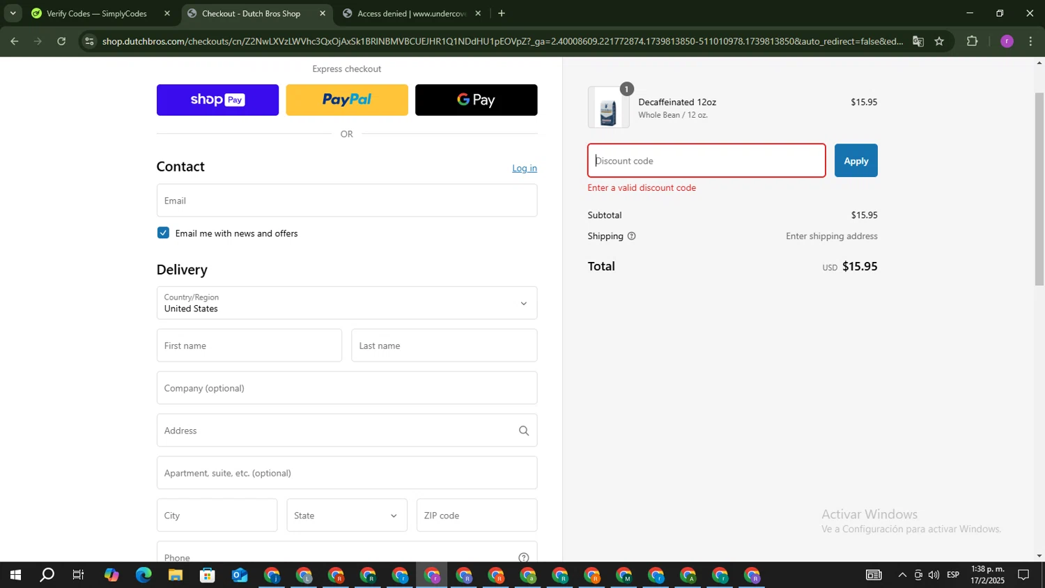 Dutch Bros Coffee promo code screenshot showing code ABETTERFUTURE30 applied at Dutch Bros Coffee checkout page. Uploaded by SimplyCodes community member EpicScout8515 on Feb 17, 2025