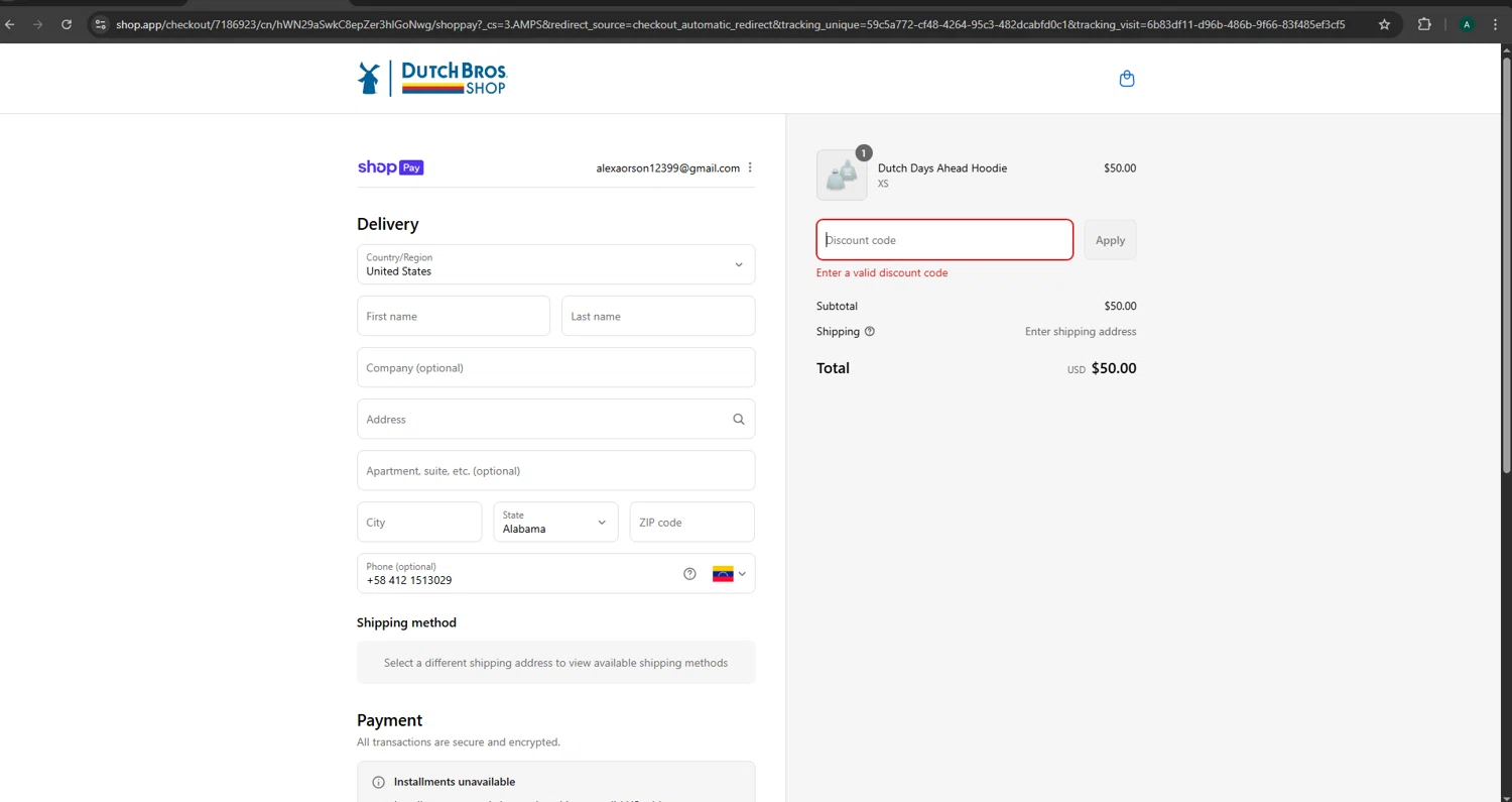 Dutch Bros Coffee promo code screenshot showing code GETSTOKED92 applied at Dutch Bros Coffee checkout page. Uploaded by SimplyCodes community member CoinGuardian4017 on Aug 24, 2025