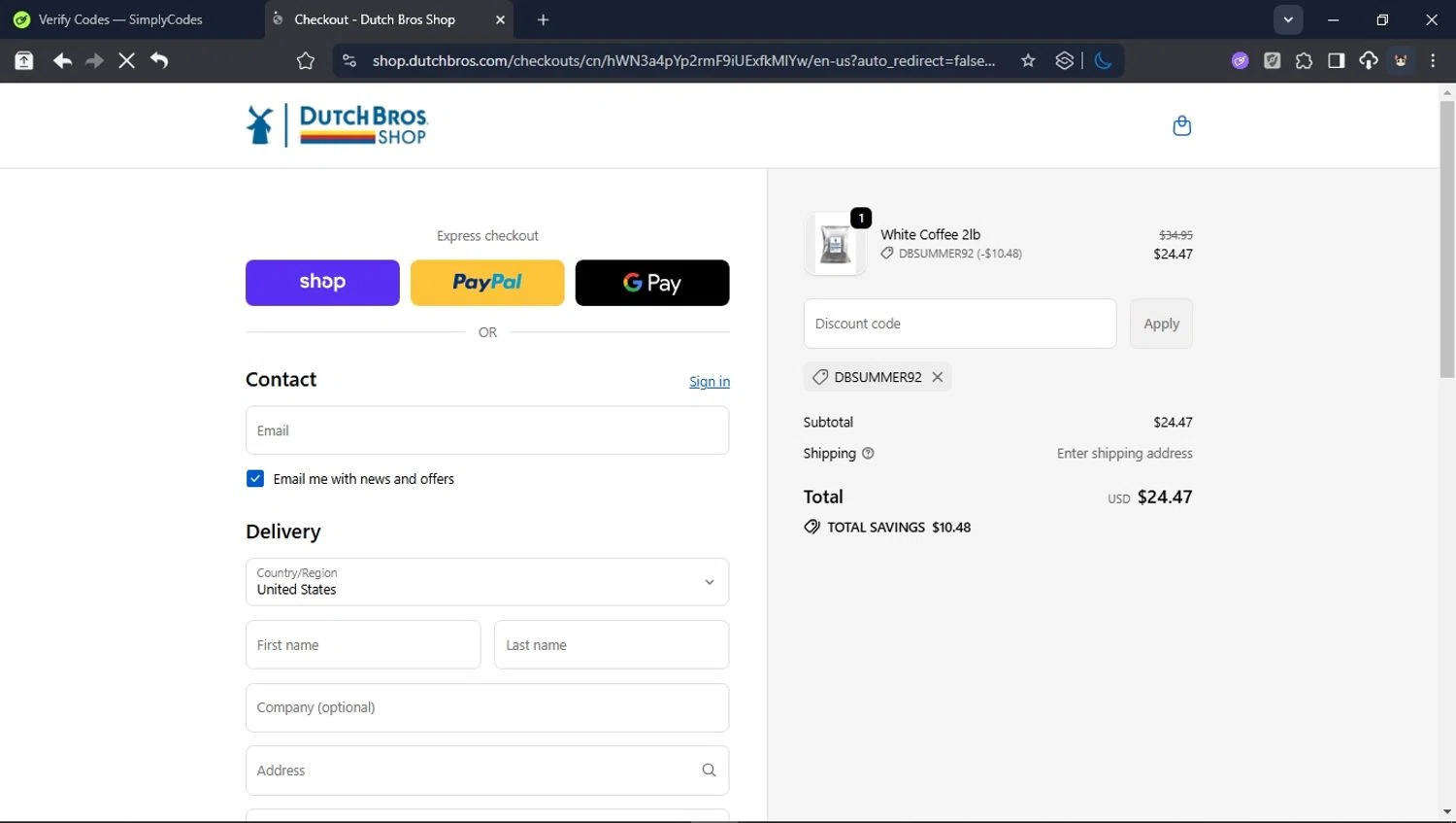 Dutch Bros Coffee checkout page showing Dutch Bros Coffee promo code box | Screenshot taken by SimplyCodes community member on Sep 30, 2025