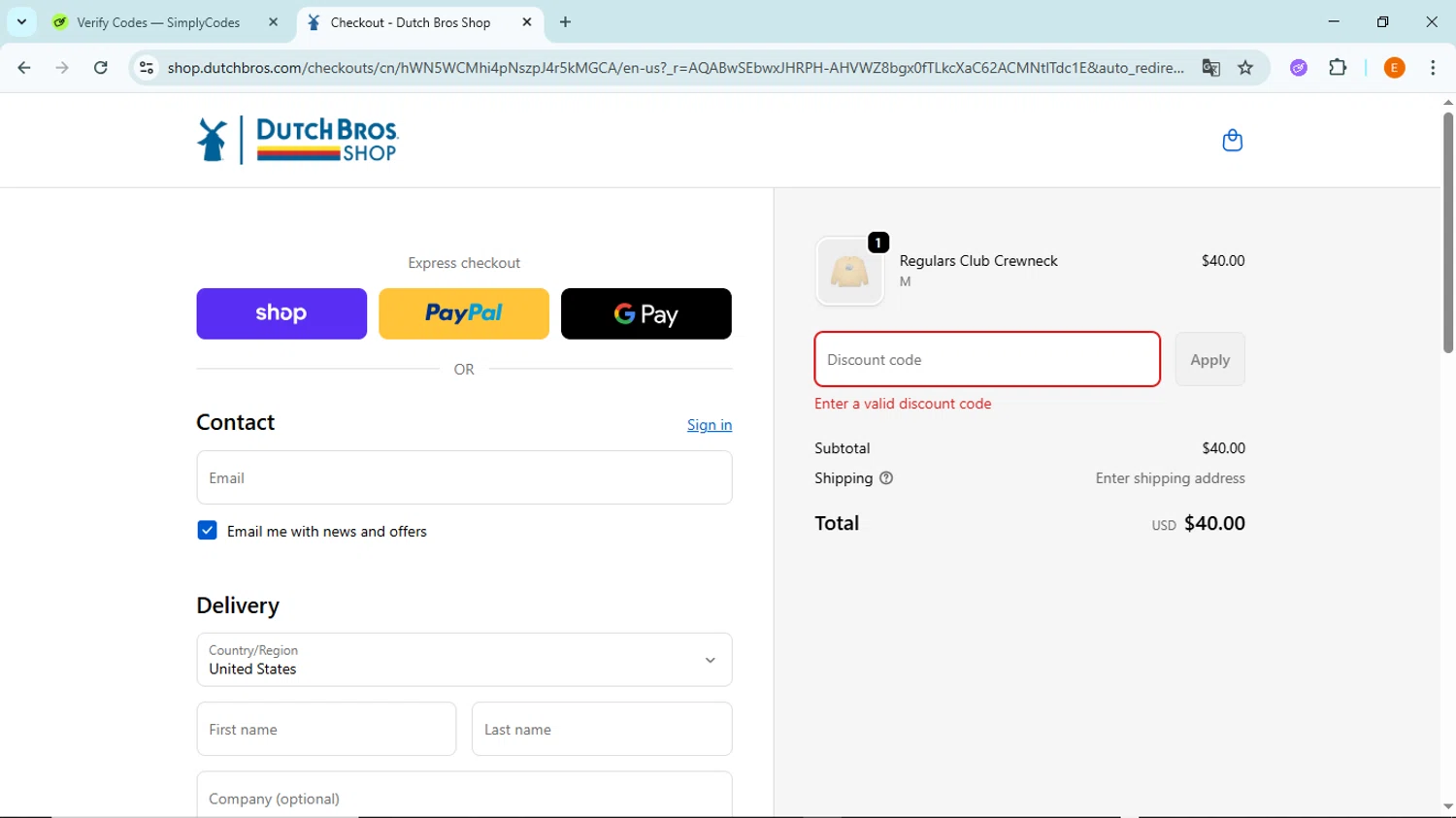 Dutch Bros Coffee promo code screenshot showing code DBSUMMER92 applied at Dutch Bros Coffee checkout page. Uploaded by SimplyCodes community member BudgetFox5491 on Nov 20, 2025