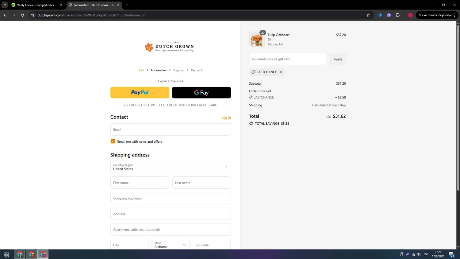 DutchGrown coupon code screenshot showing code LASTCHANCE applied at DutchGrown checkout page. Uploaded by SimplyCodes community member usenameeeee on Aug 17, 2025