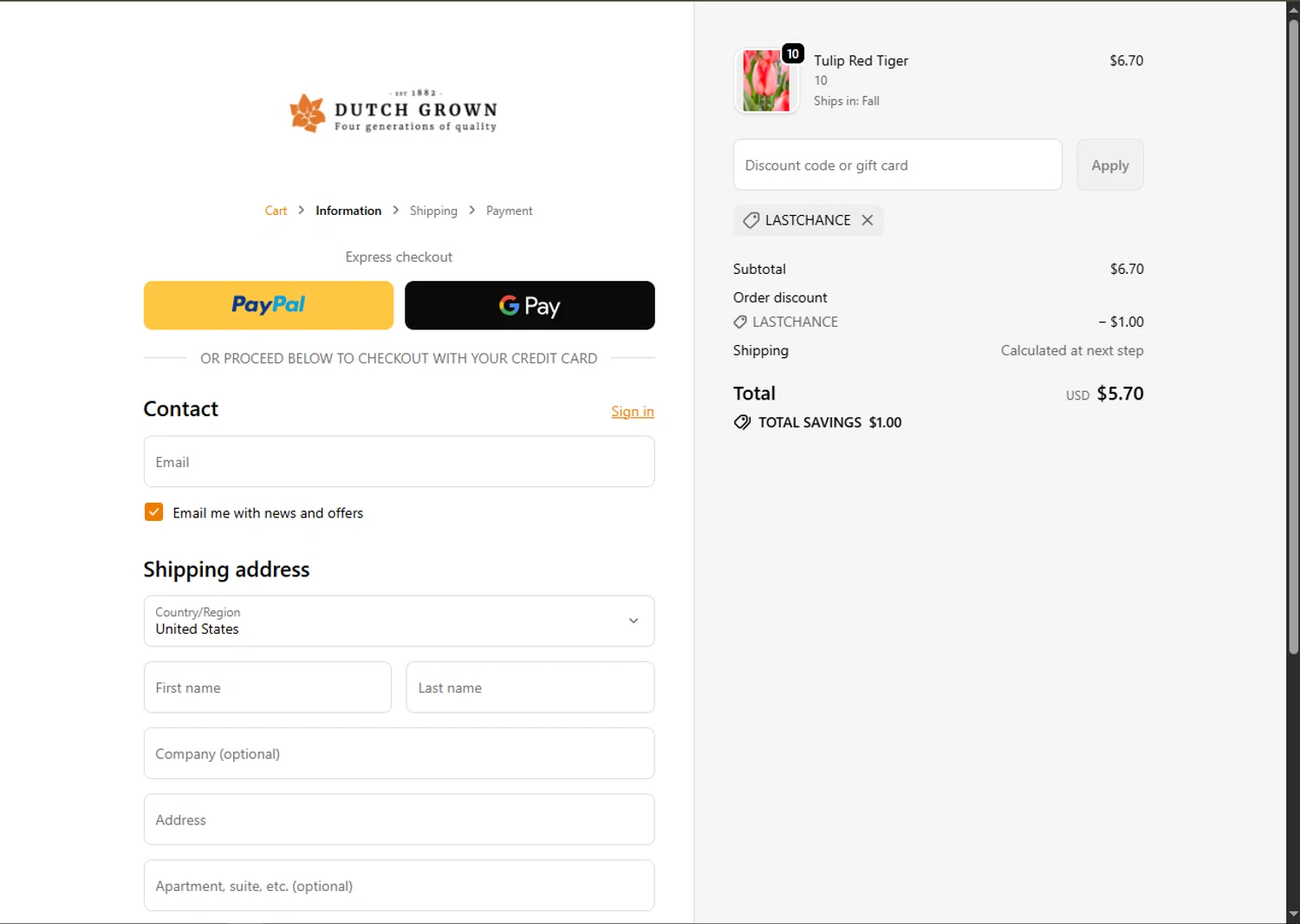 DutchGrown coupon code screenshot showing code LASTCHANCE applied at DutchGrown checkout page. Uploaded by SimplyCodes community member SwiftTracker8156 on Nov 25, 2025