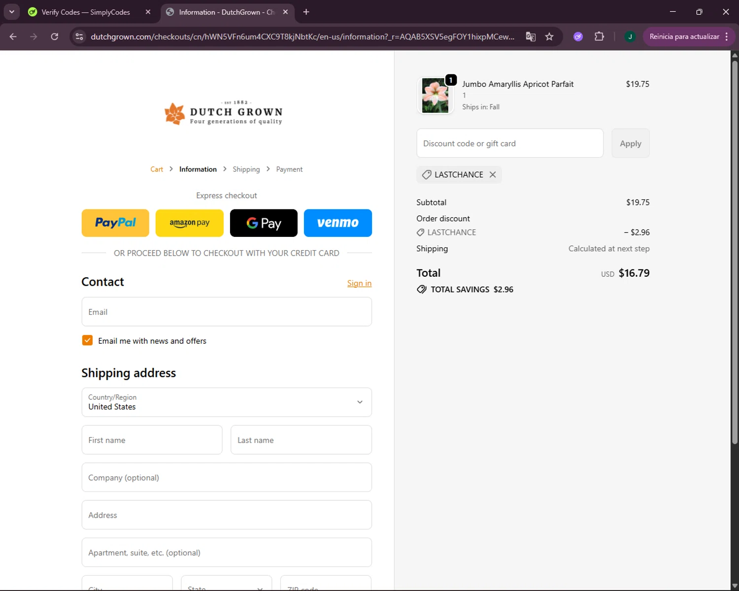 DutchGrown coupon code screenshot showing code LASTCHANCE applied at DutchGrown checkout page. Uploaded by SimplyCodes community member VictoriousOwl2774 on Nov 20, 2025