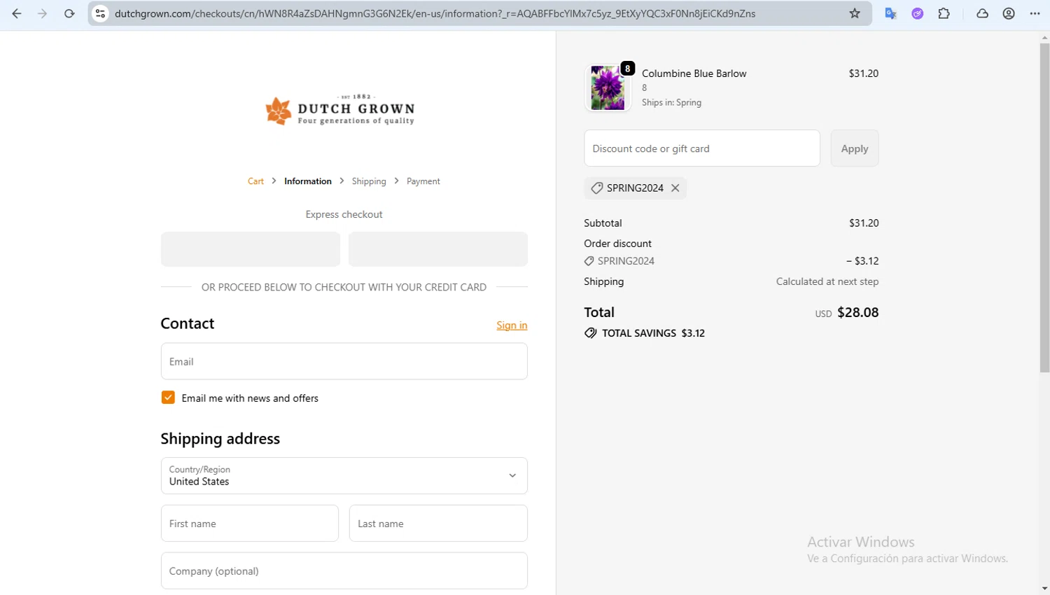 DutchGrown checkout page showing DutchGrown coupon code box | Screenshot taken by SimplyCodes community member on Feb 5, 2026