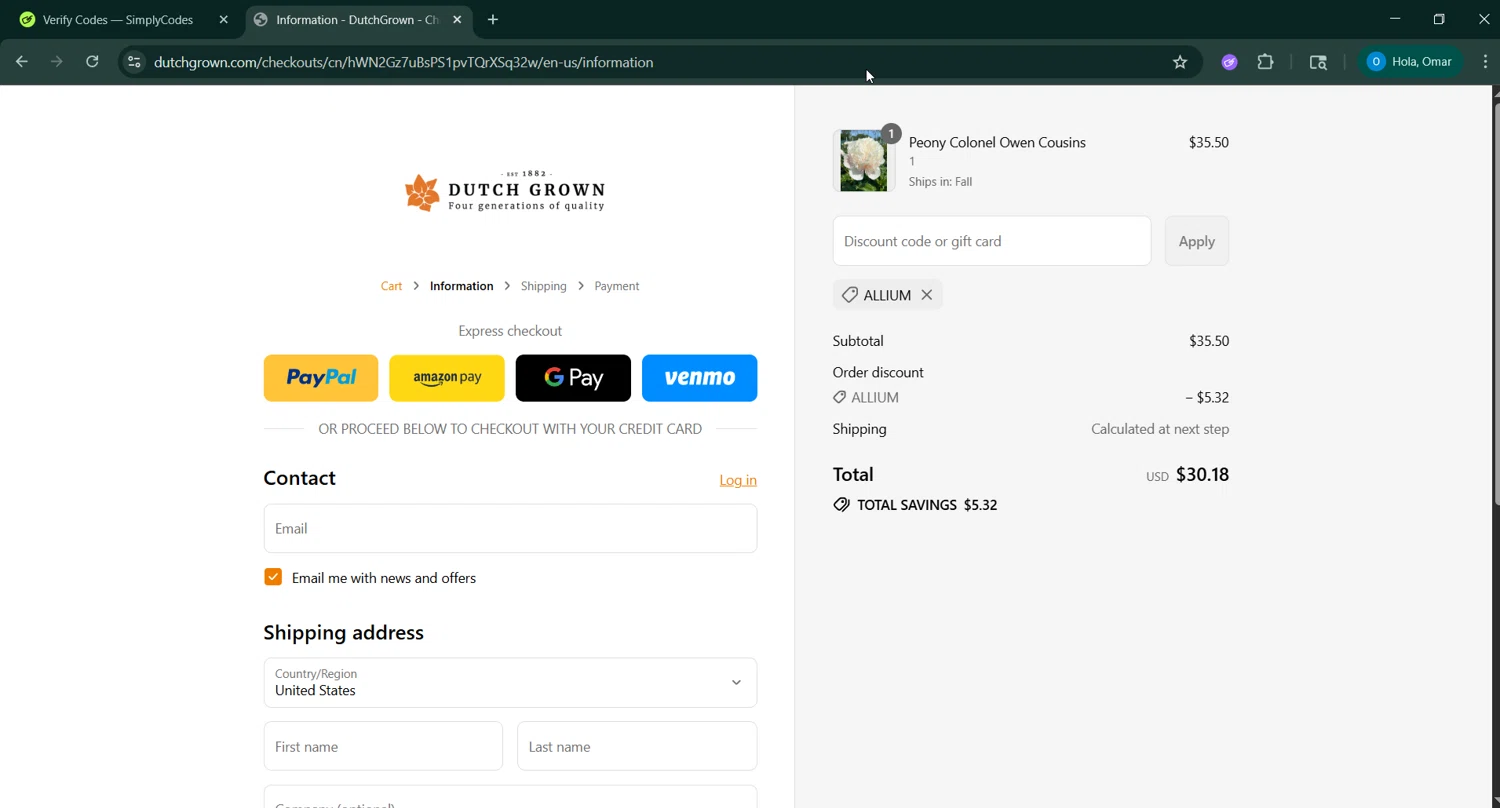 DutchGrown coupon code screenshot showing code ALLIUM applied at DutchGrown checkout page. Uploaded by SimplyCodes community member GoldChaser6627 on Aug 27, 2025