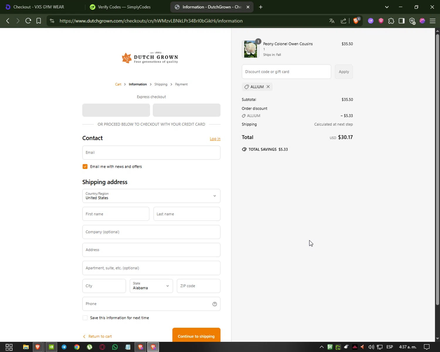 DutchGrown coupon code screenshot showing code ALLIUM applied at DutchGrown checkout page. Uploaded by SimplyCodes community member Hei201 on Jun 26, 2025