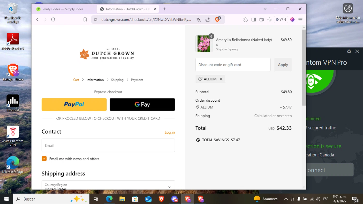 DutchGrown coupon code screenshot showing code ALLIUM applied at DutchGrown checkout page. Uploaded by SimplyCodes community member Juan2715 on Jan 4, 2025