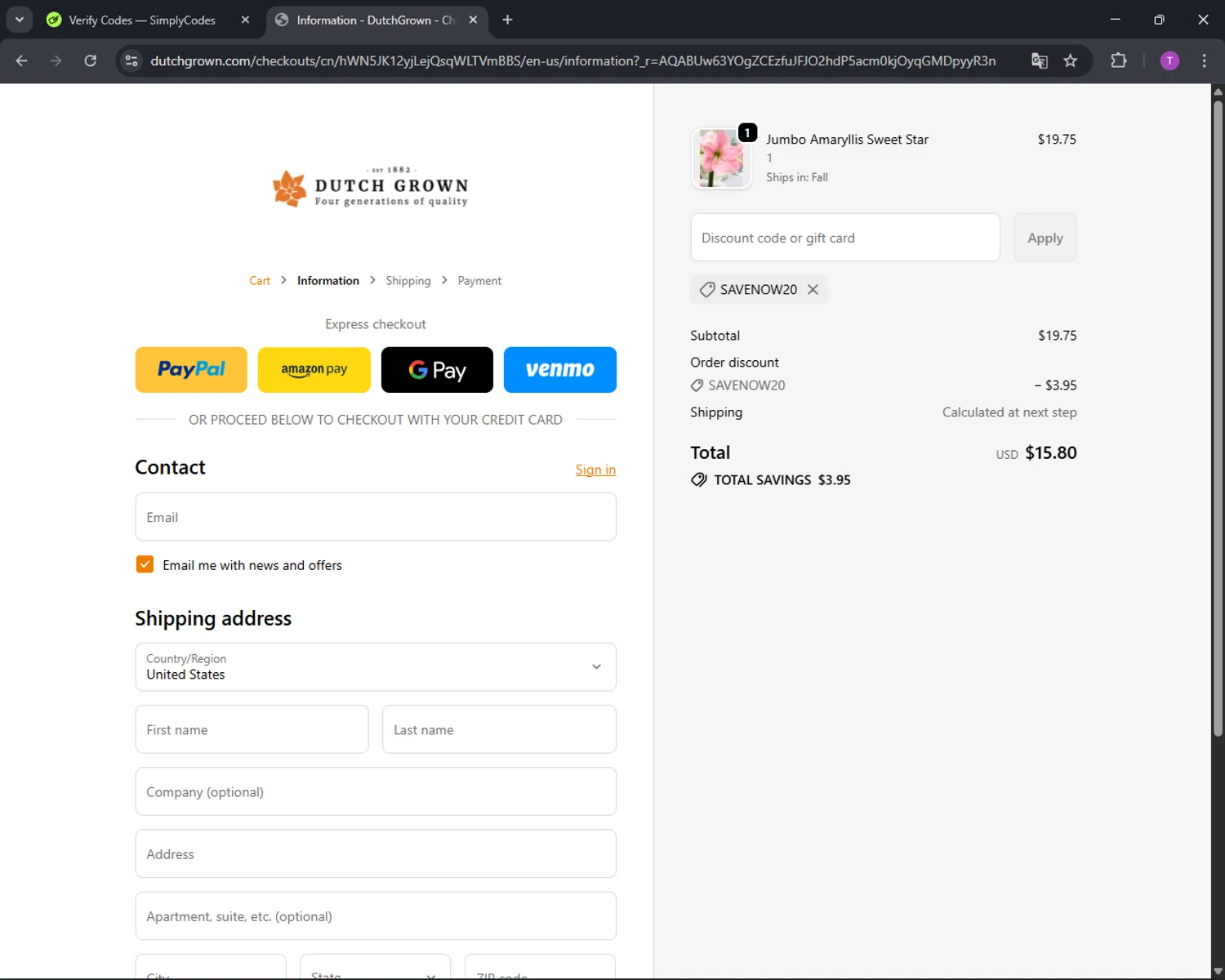 DutchGrown coupon code screenshot showing code SAVENOW20 applied at DutchGrown checkout page. Uploaded by SimplyCodes community member CleverFinder9623 on Nov 15, 2025