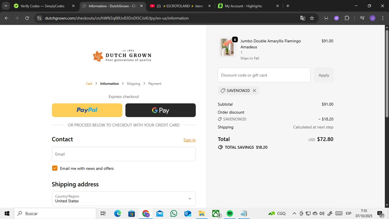 DutchGrown coupon code screenshot showing code SAVENOW20 applied at DutchGrown checkout page. Uploaded by SimplyCodes community member ENCARAMESSI on Oct 7, 2025
