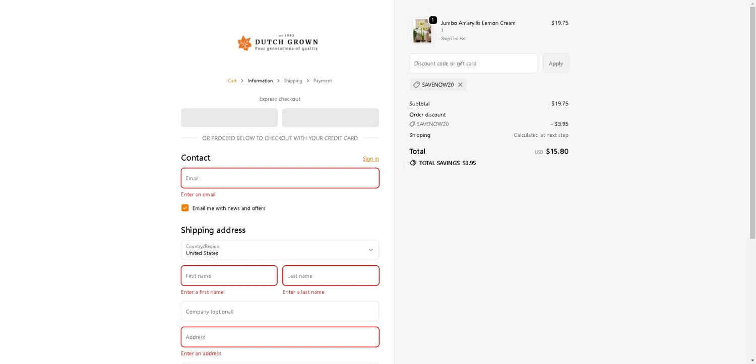 DutchGrown coupon code screenshot showing code SAVENOW20 applied at DutchGrown checkout page. Uploaded by SimplyCodes community member VictoriousFinder4393 on Oct 27, 2025