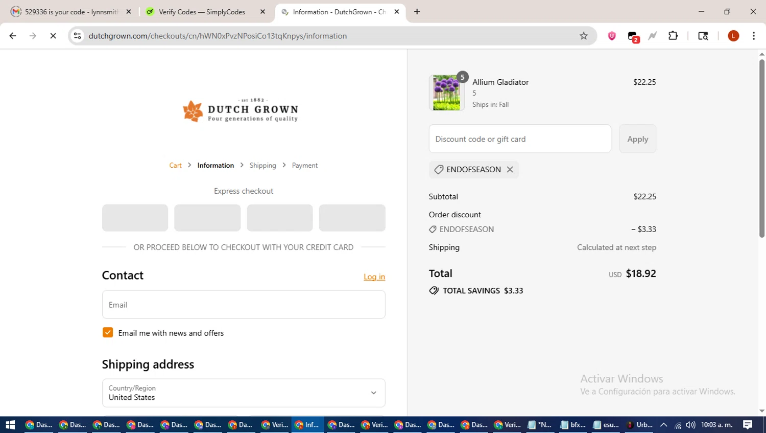 DutchGrown coupon code screenshot showing code Endofseason applied at DutchGrown checkout page. Uploaded by SimplyCodes community member BonusHero9692 on Jul 23, 2025